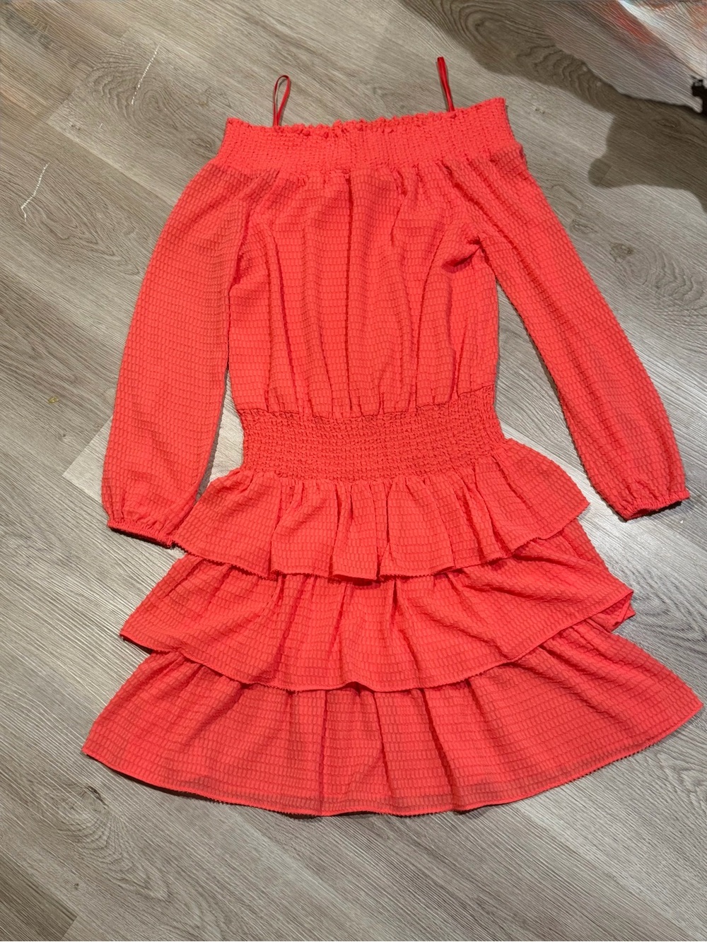 Michael Kors Coral Off-Shoulder Tiered Long-Sleeve Dress